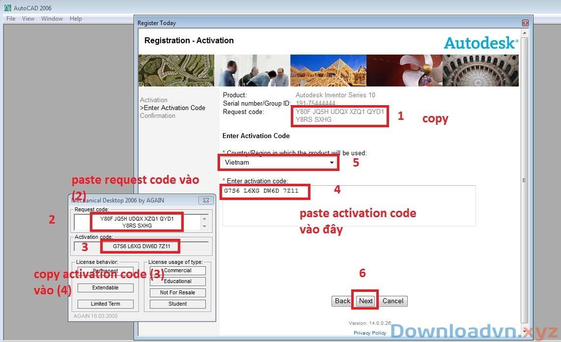 Làm theo các bước được đánh dấu trong hình để crack autocad 2006 xyz